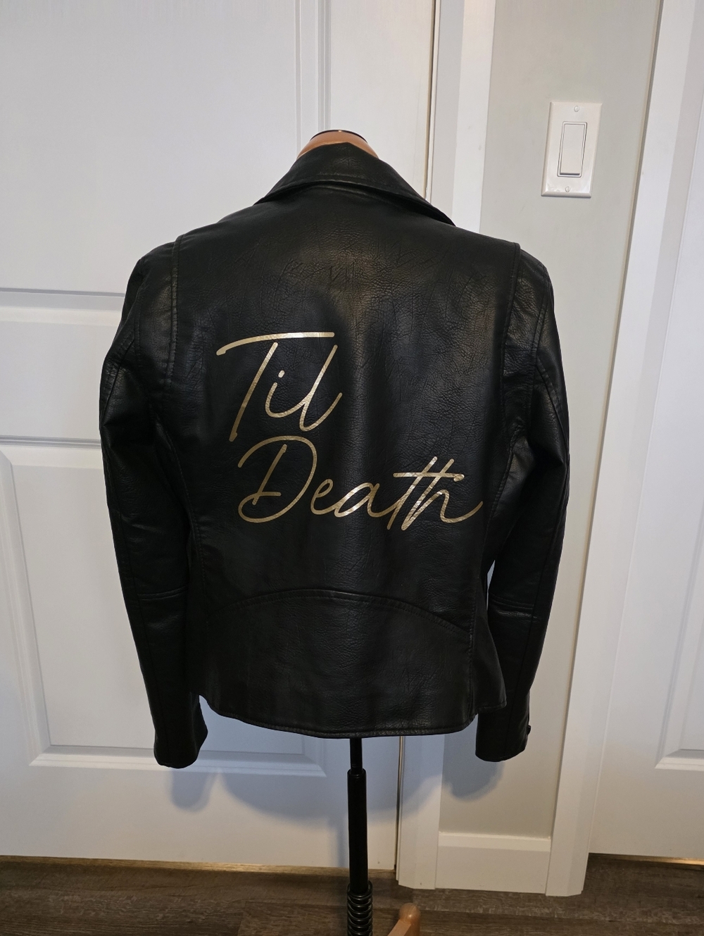 Black Faux Leather Jacket with Gold 'Til Death' Script